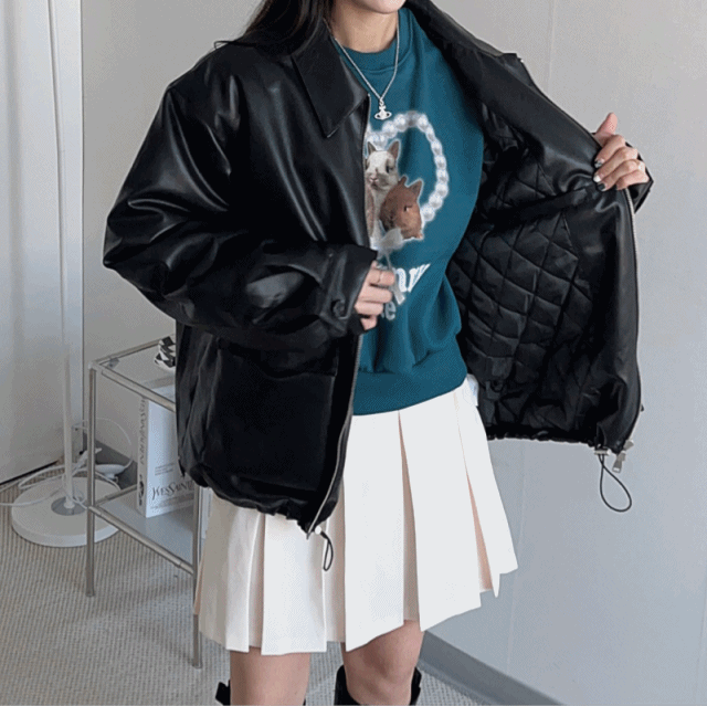 [누빔안감/unisex]무아르 카라 투웨이 스트링 오버핏 겨울 레더 자켓